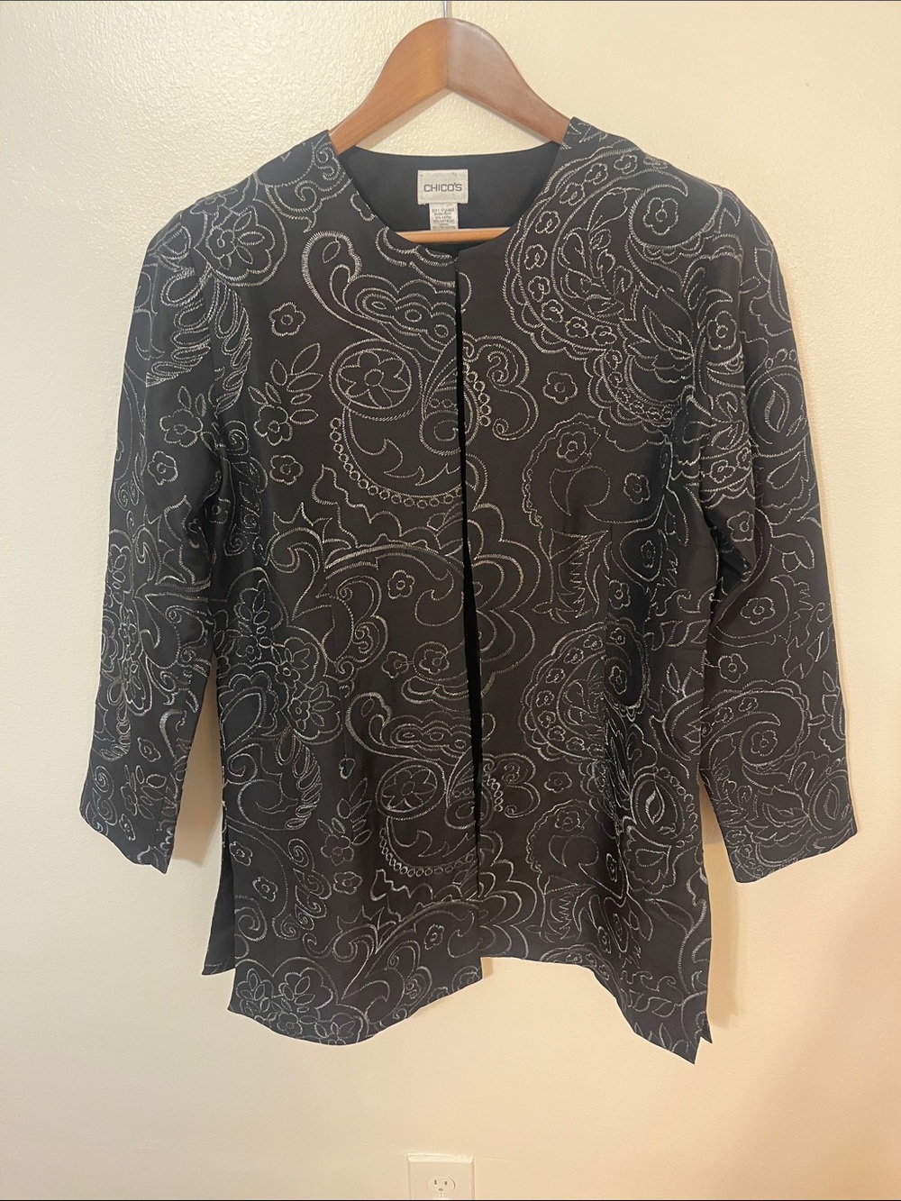 Chico's Black Jacket with Silver Metallic Paisley Embroidery Size 1
